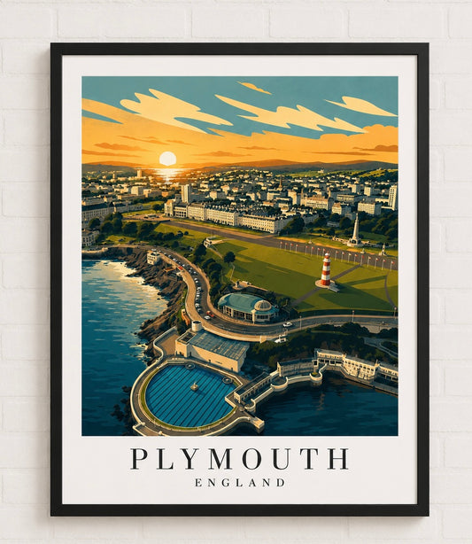 Plymouth Coastal Sunset Fine Art Poster - Vintage Travel Print - Plymouth Travel Poster