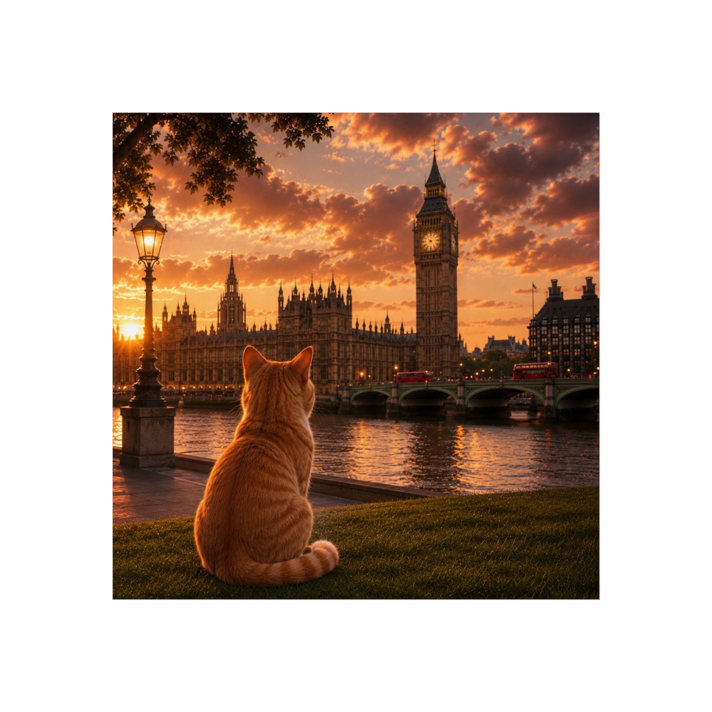 Cat in London - Travel Cat in London - London Sunset Art Poster — Cat Fine Art Print - London Travel Poster - Cat Gift