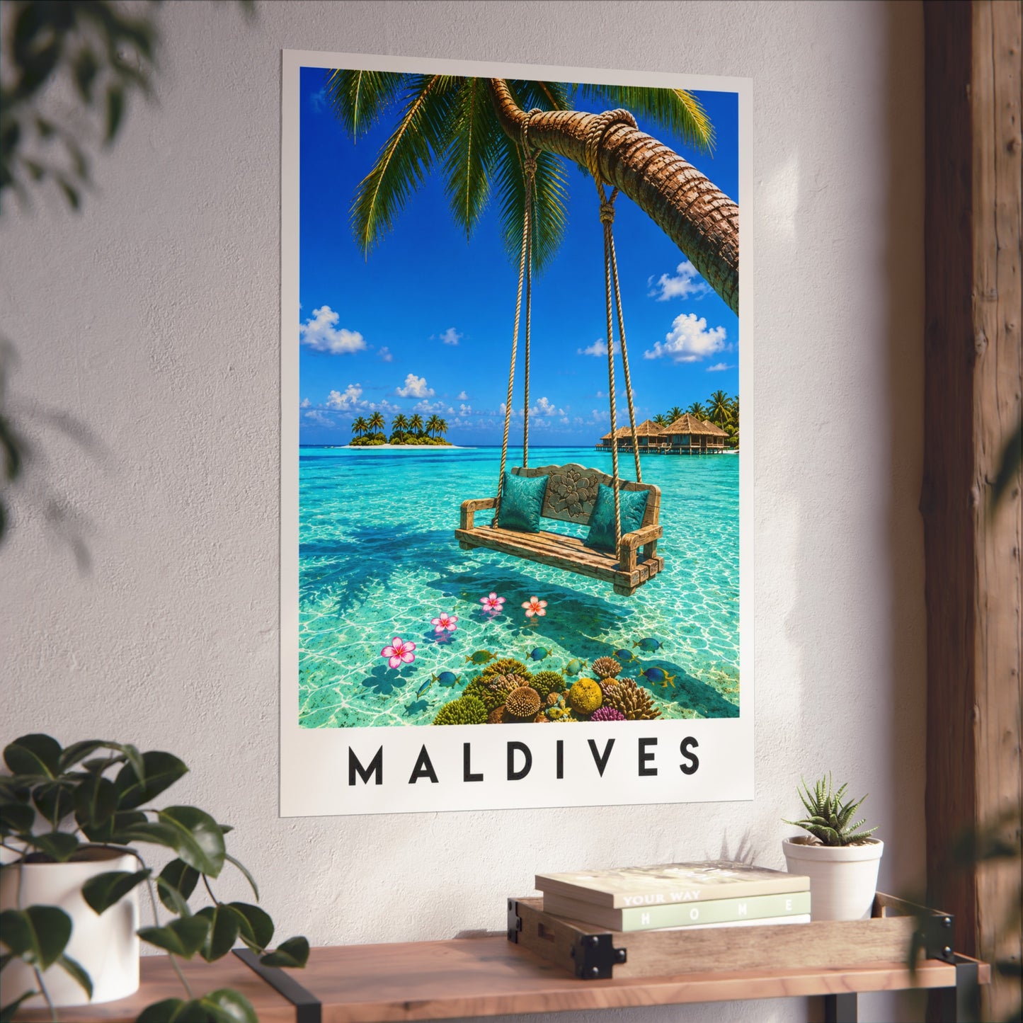 Maldives Beach Poster — Tropical Swing Fine Art Print - Maldives Travel Poster