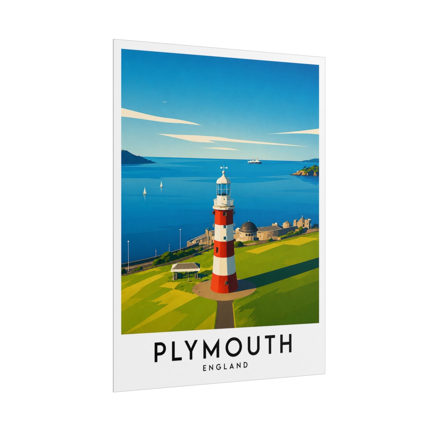 Plymouth Hoe Smeaton's Tower Lighthouse Travel Poster — Rolled Art Print