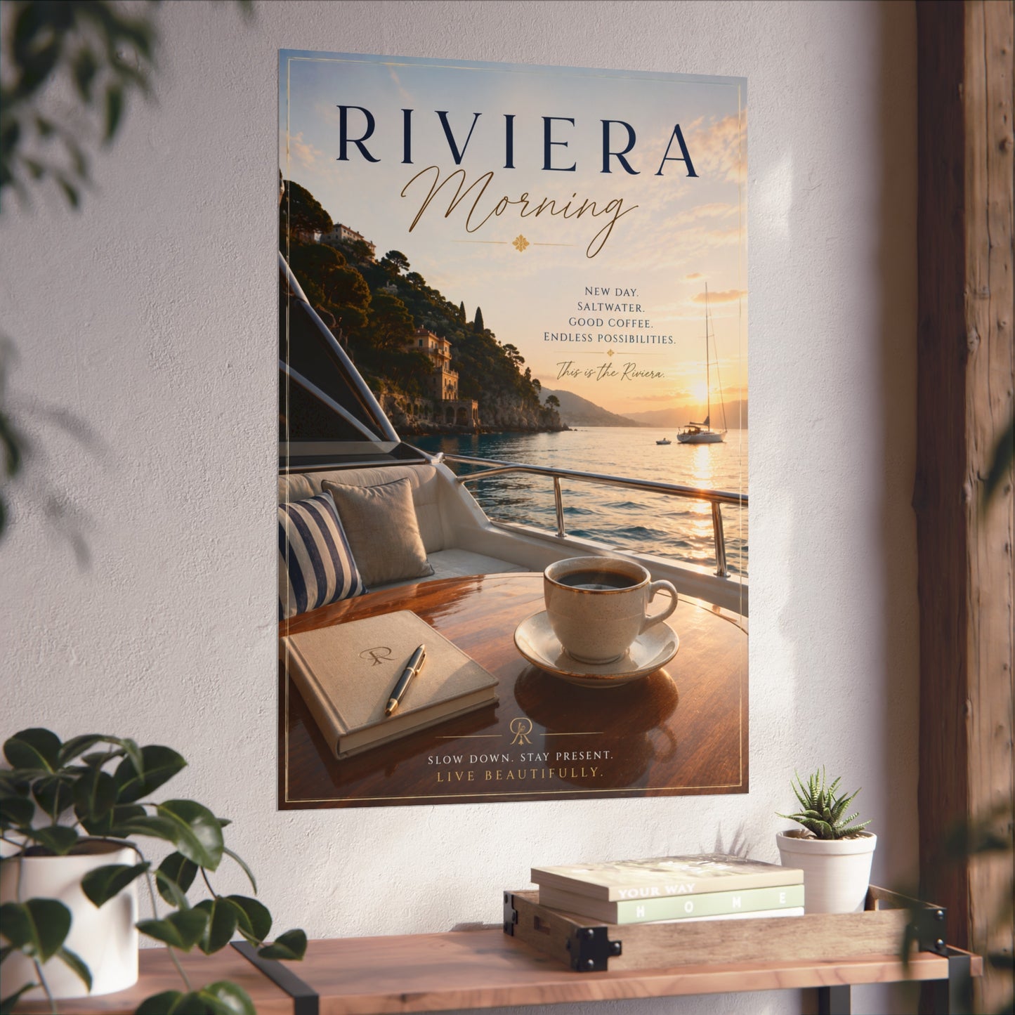 Riviera Morning Fine Art Poster — Coastal Sunrise Yacht Scene