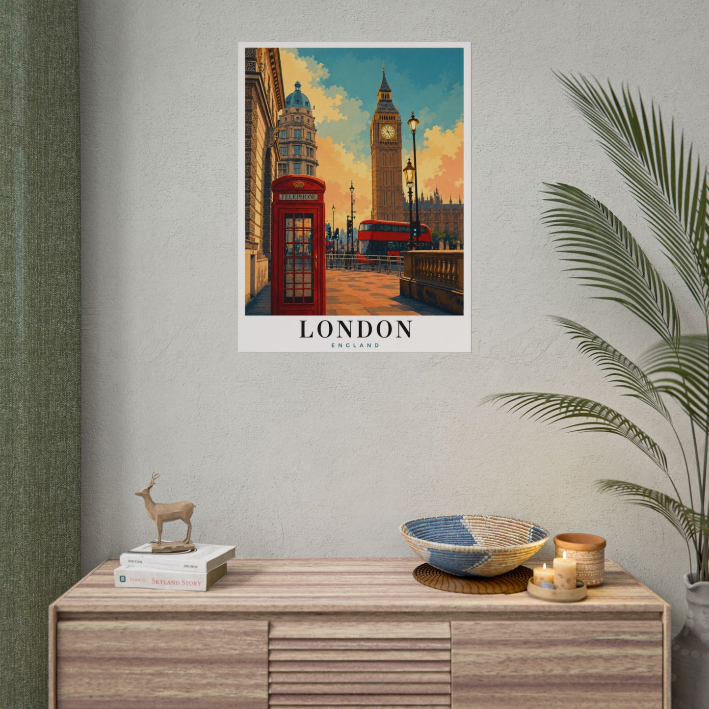 London Travel Poster - Big Ben & Red Bus Rolled Art Print