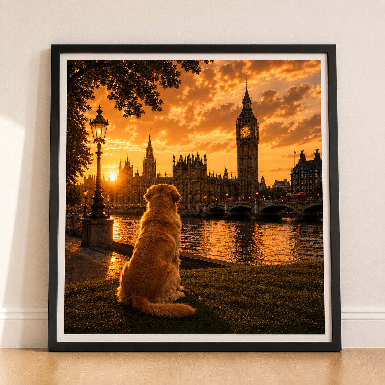 Golden Retriever In London - Golden Retriever Print - London Travel print - Sunset in London Fine Art Poster - Golden Retriever Dog by Big Ben