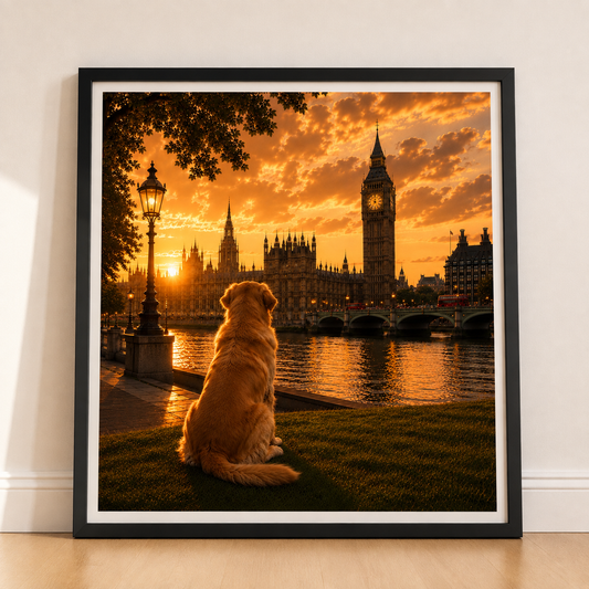 Golden Retriever In London - Golden Retriever Print - London Travel print - Sunset in London Fine Art Poster - Golden Retriever Dog by Big Ben