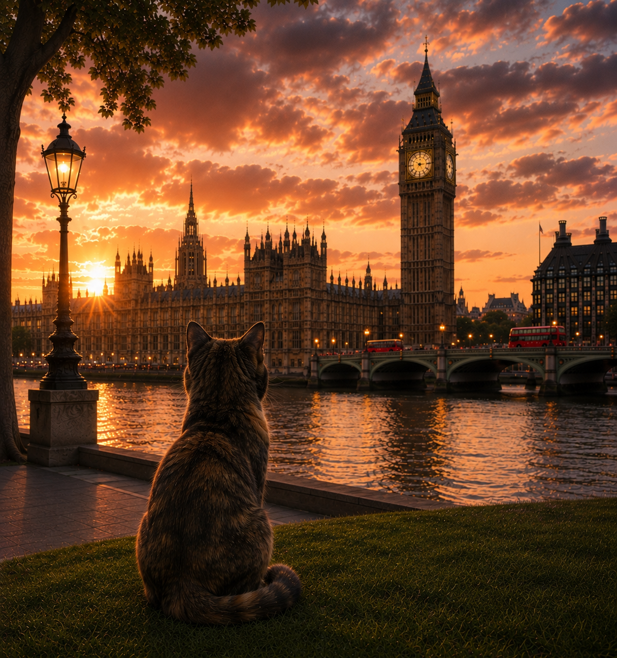 Cat in London - Travel Cat in London - London Sunset Art Poster — Cat Fine Art Print - London Travel Poster - Cat Gift