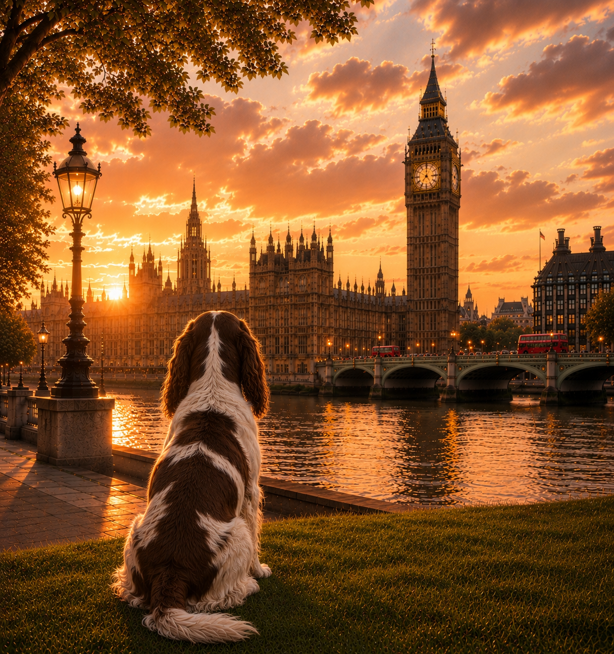 English Springer Spaniel In London -English Springer Spaniel Print - London Travel print - Sunset in London Fine Art Poster - English Springer Spaniel Dog by Big Ben