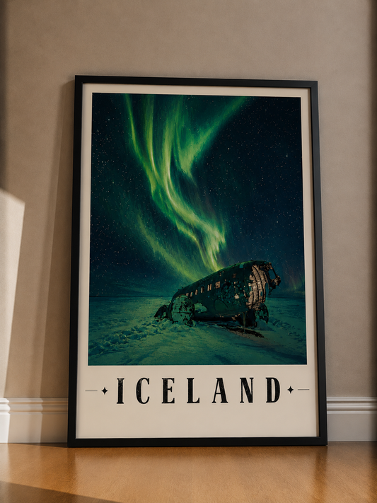 Iceland Northern Lights Poster — Auroras Over Plane Wreck Fine Art Print - Iceland Travel Poster