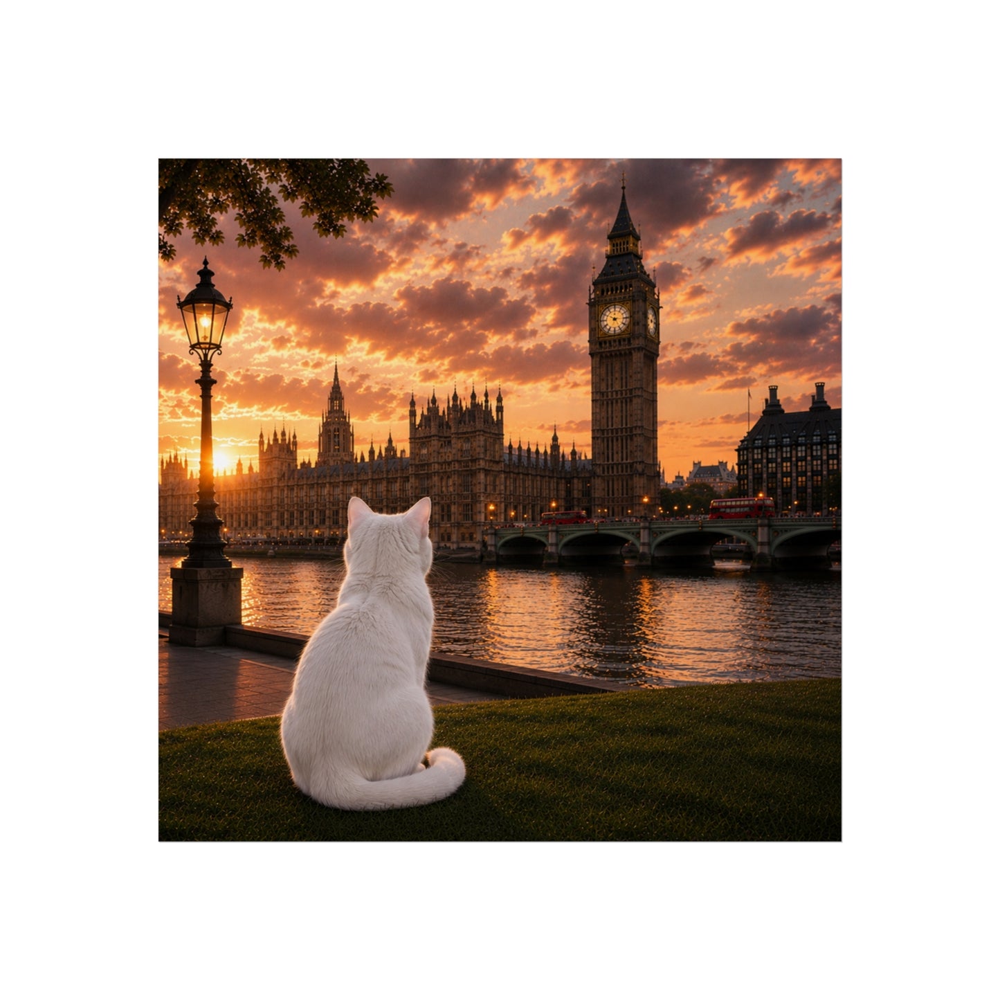 Cat in London - Travel Cat in London - London Sunset Art Poster — Cat Fine Art Print - London Travel Poster - Cat Gift