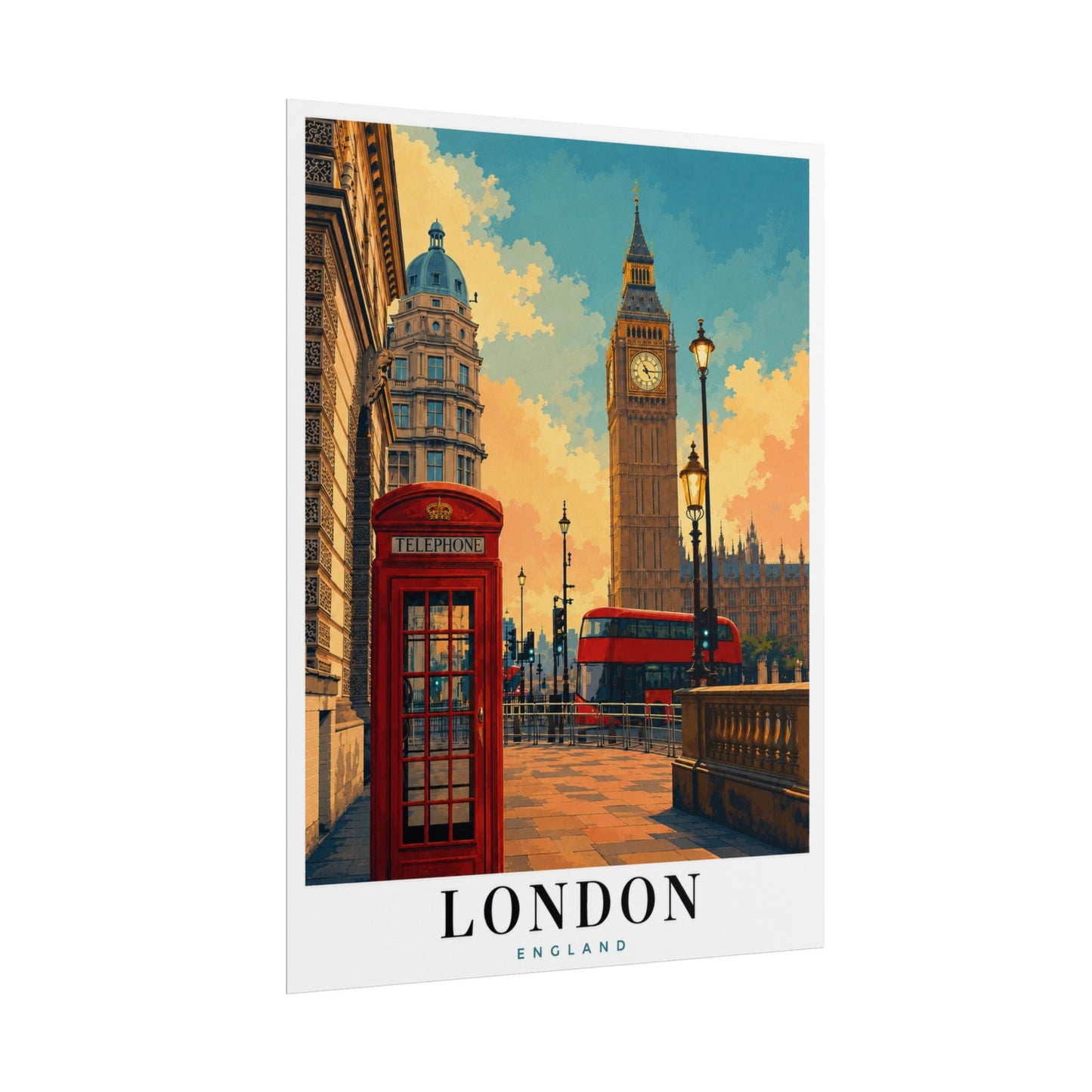 London Travel Poster - Big Ben & Red Bus Rolled Art Print