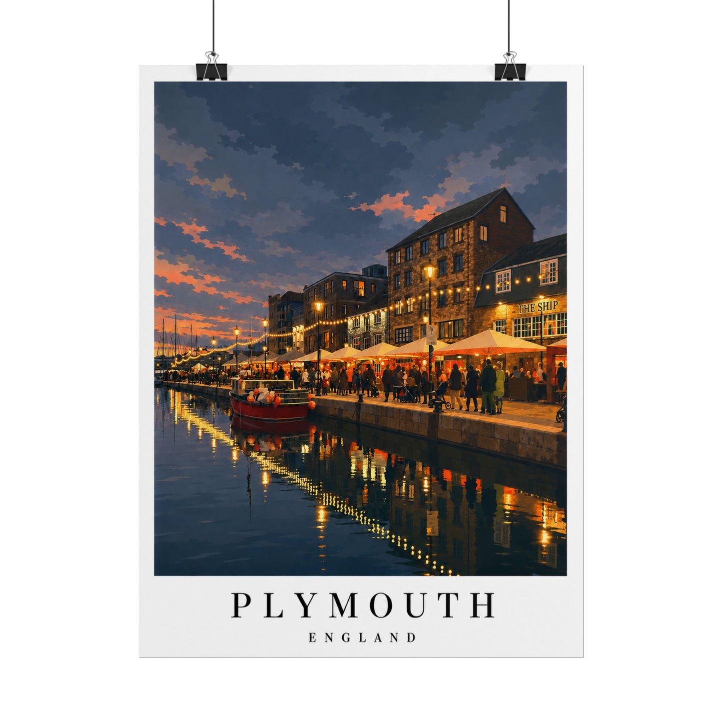 Plymouth Barbican England Harbour Poster — Rolled Travel Wall Art, Coastal Evening Waterfront Print
