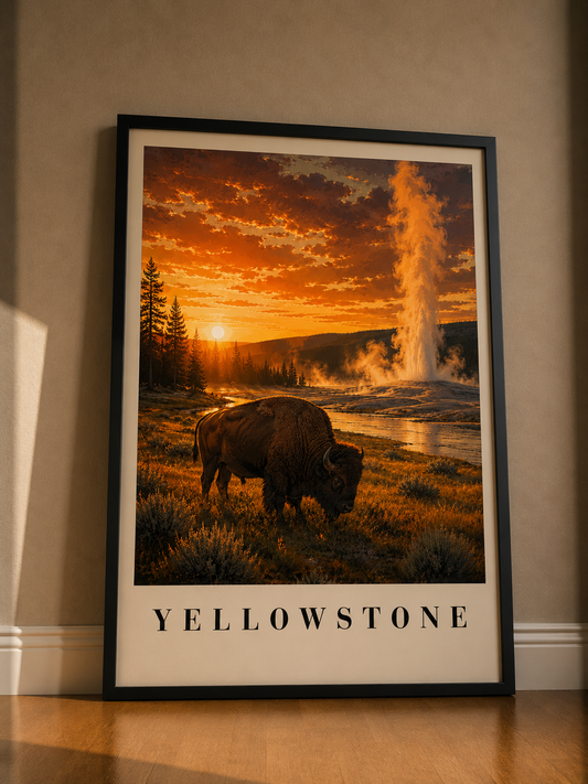 Yellowstone Fine Art Poster — Sunset Geyser & Bison Landscape