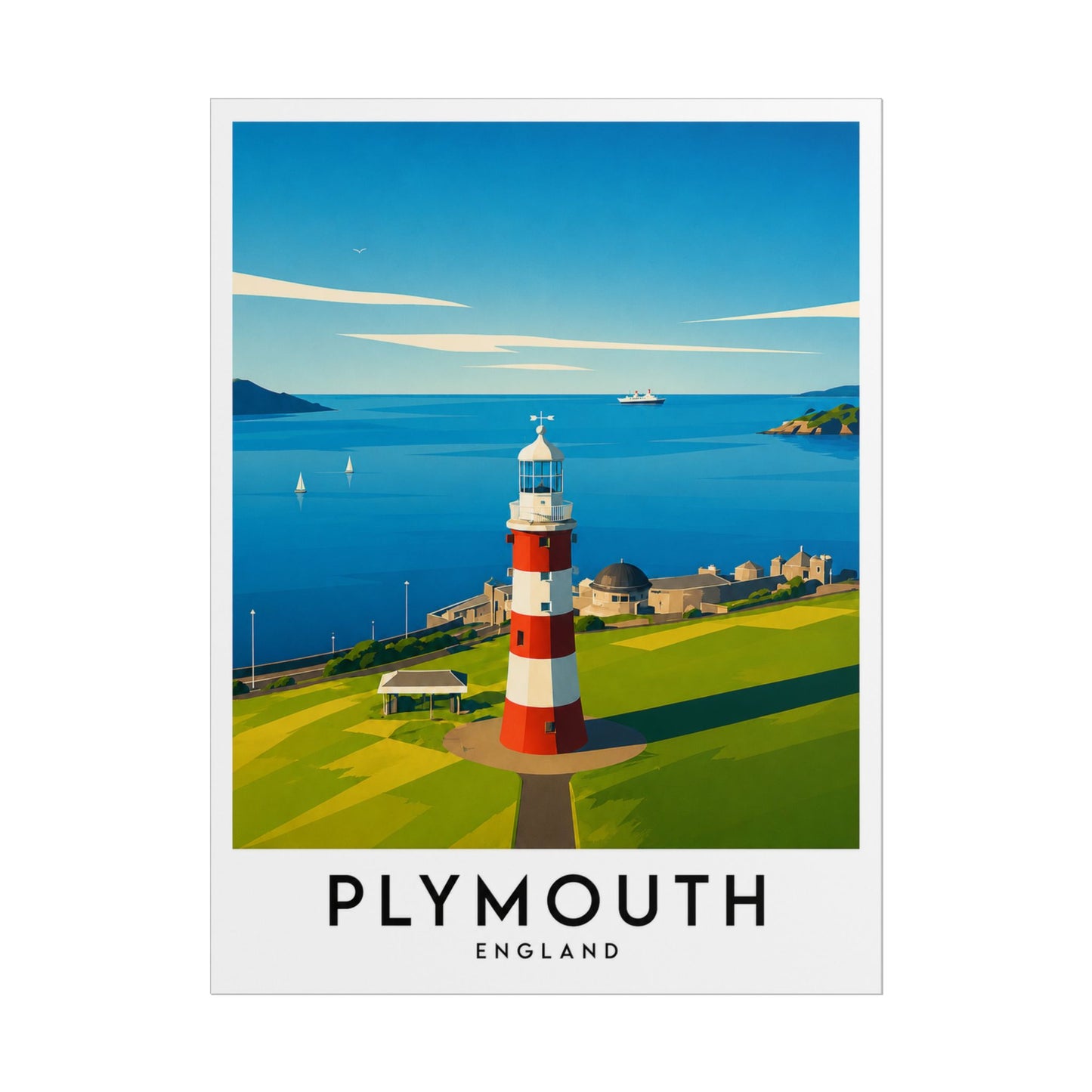Plymouth Hoe Smeaton's Tower Lighthouse Travel Poster — Rolled Art Print