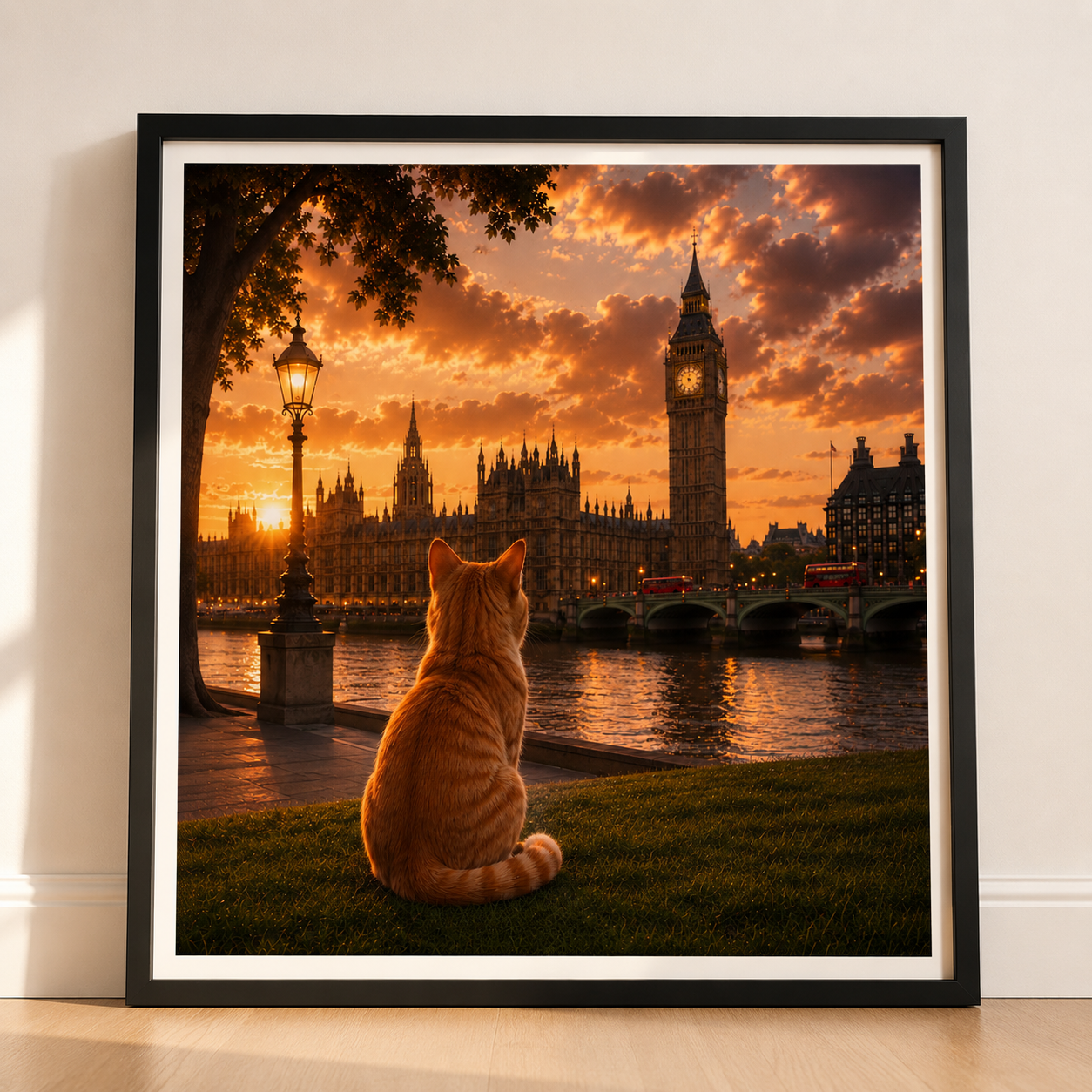 Cat in London - Travel Cat in London - London Sunset Art Poster — Cat Fine Art Print - London Travel Poster - Cat Gift