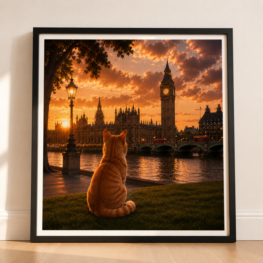Cat in London - Travel Cat in London - London Sunset Art Poster — Cat Fine Art Print - London Travel Poster - Cat Gift