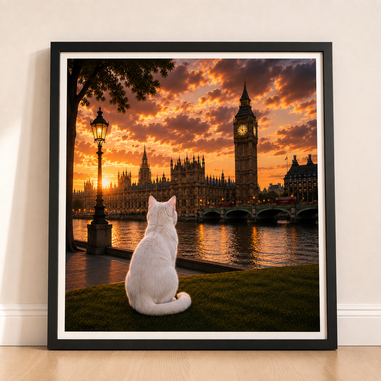Cat in London - Travel Cat in London - London Sunset Art Poster — Cat Fine Art Print - London Travel Poster - Cat Gift