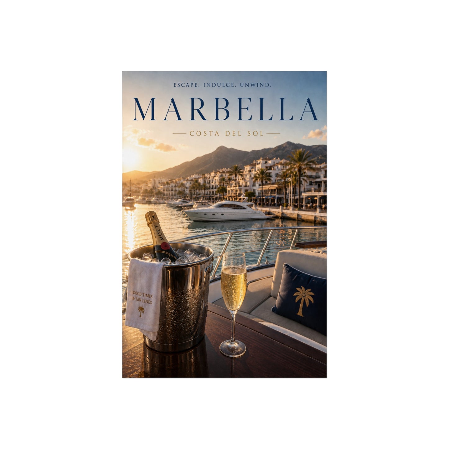 Marbella Costa del Sol Travel Poster — Luxury Yacht & Champagne Fine Art Print