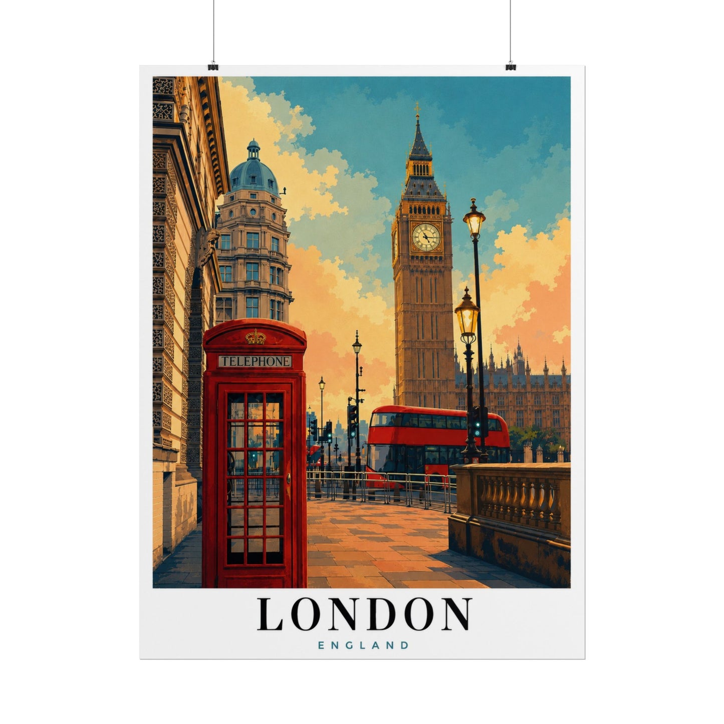 London Travel Poster - Big Ben & Red Bus Rolled Art Print