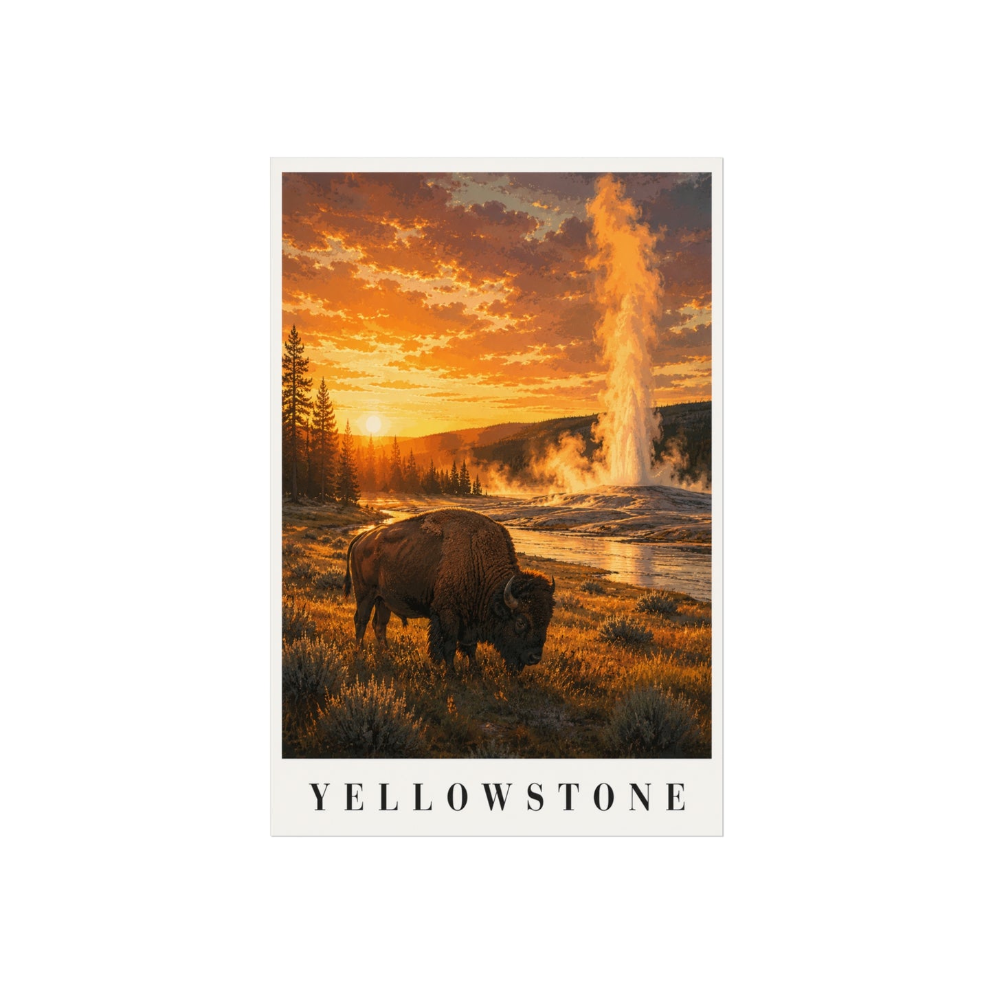 Yellowstone Fine Art Poster — Sunset Geyser & Bison Landscape