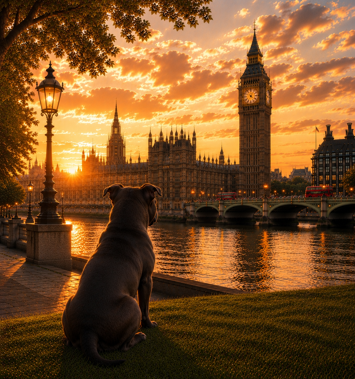 Staffordshire Terrier In London - Staffordshire Terrier Print - London Travel print - Sunset in London Fine Art Poster - Staffordshire Terrier by Big Ben