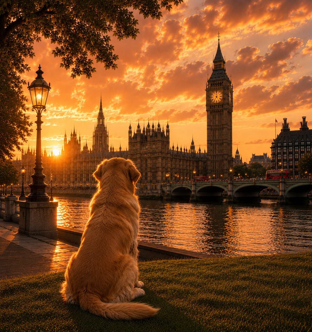 Golden Retriever In London - Golden Retriever Print - London Travel print - Sunset in London Fine Art Poster - Golden Retriever Dog by Big Ben