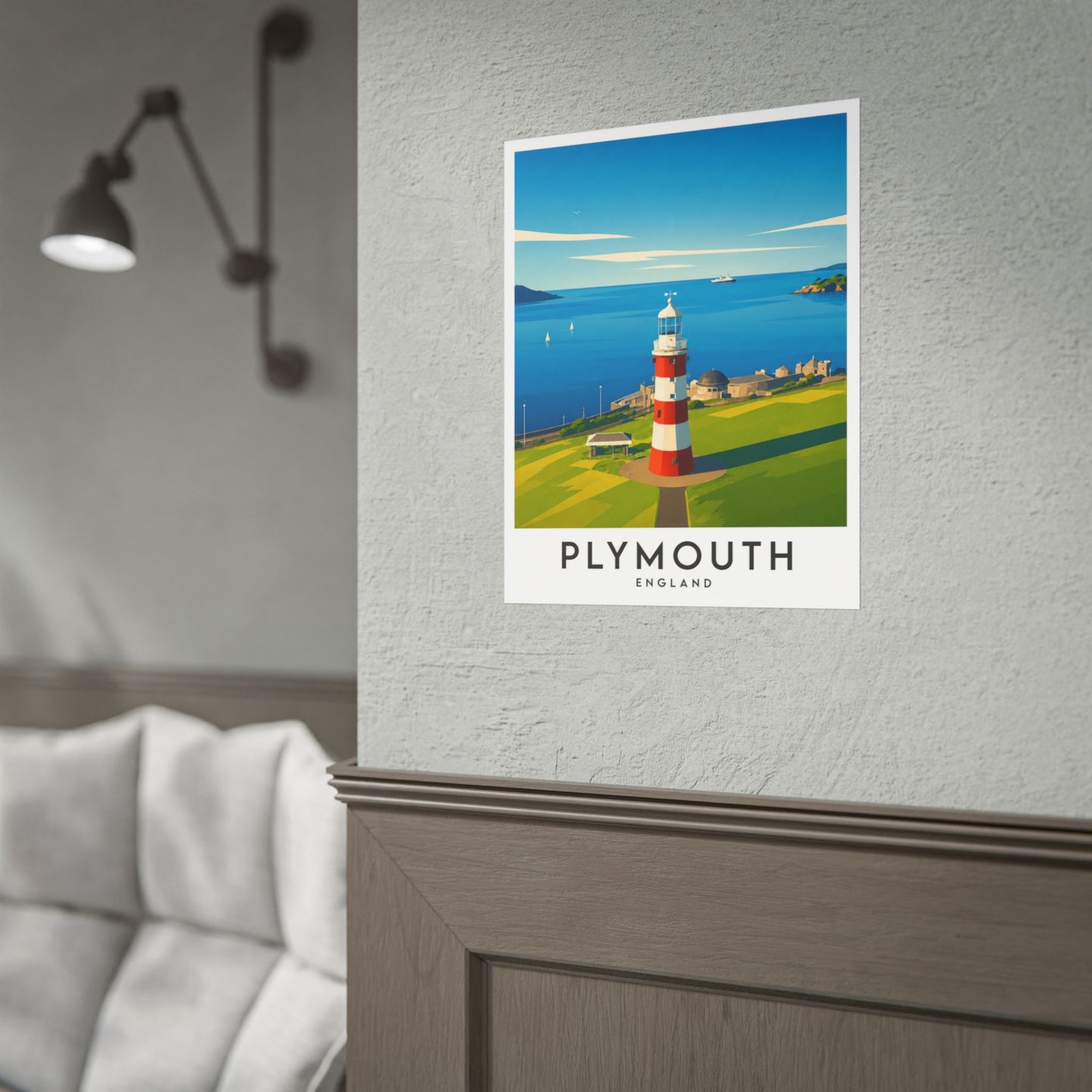 Plymouth Hoe Smeaton's Tower Lighthouse Travel Poster — Rolled Art Print