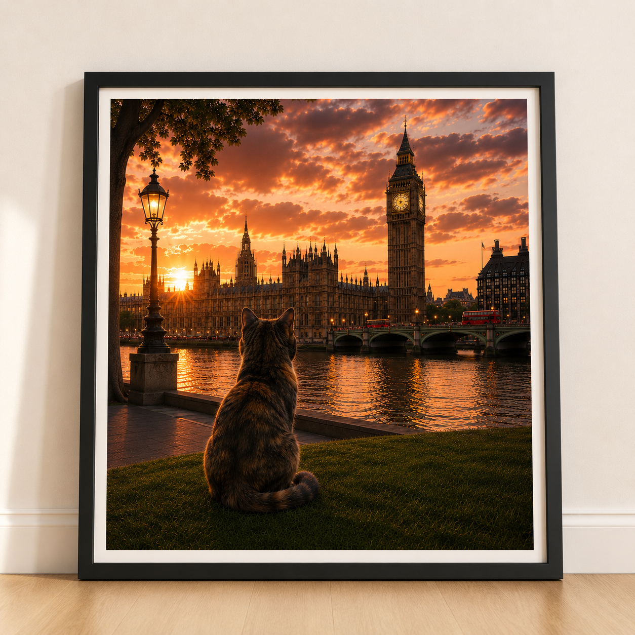 Cat in London - Travel Cat in London - London Sunset Art Poster — Cat Fine Art Print - London Travel Poster - Cat Gift