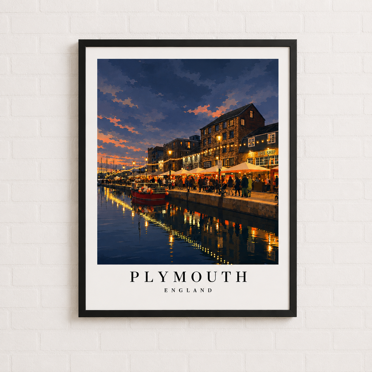 Plymouth Barbican England Harbour Poster — Rolled Travel Wall Art, Coastal Evening Waterfront Print