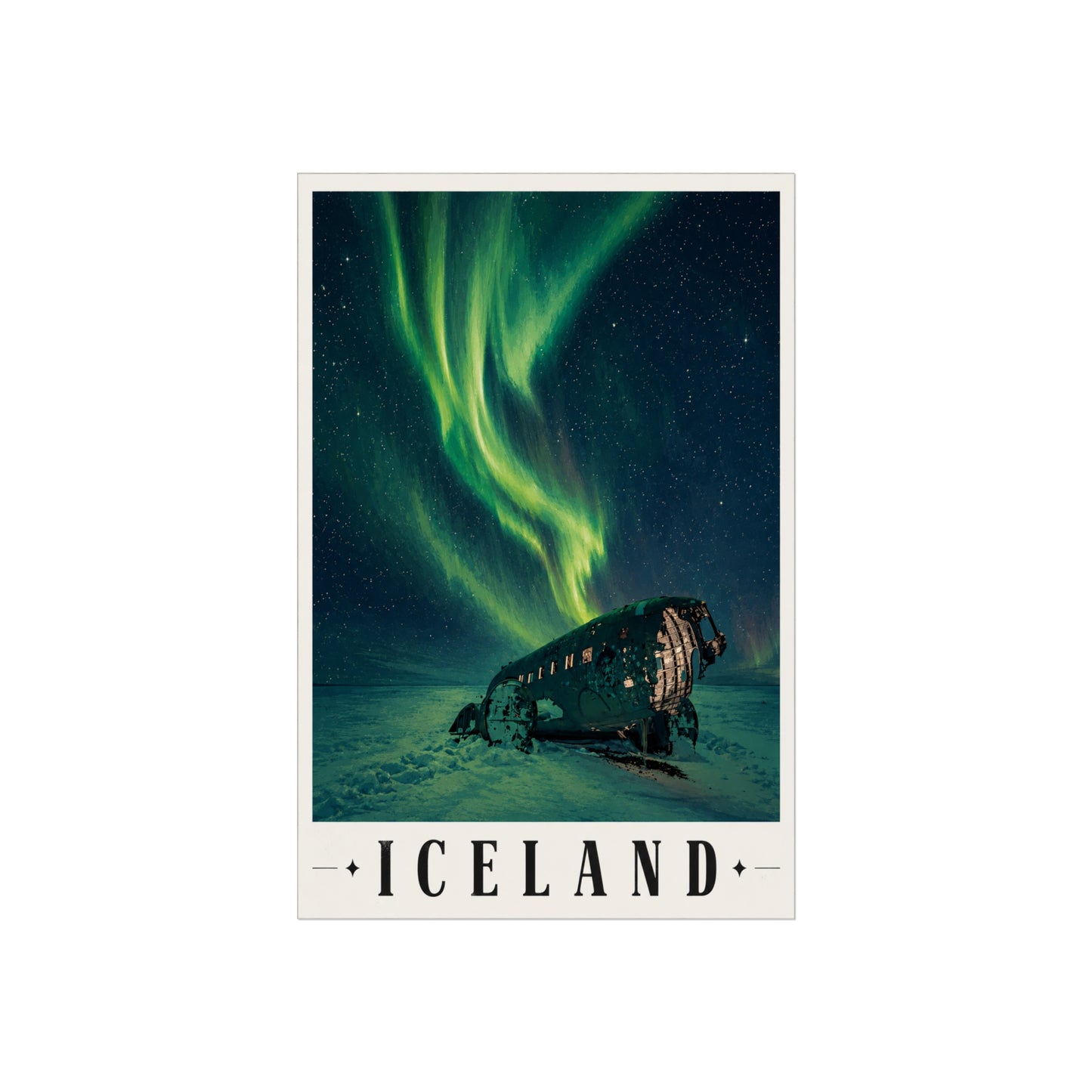 Iceland Northern Lights Poster — Auroras Over Plane Wreck Fine Art Print - Iceland Travel Poster