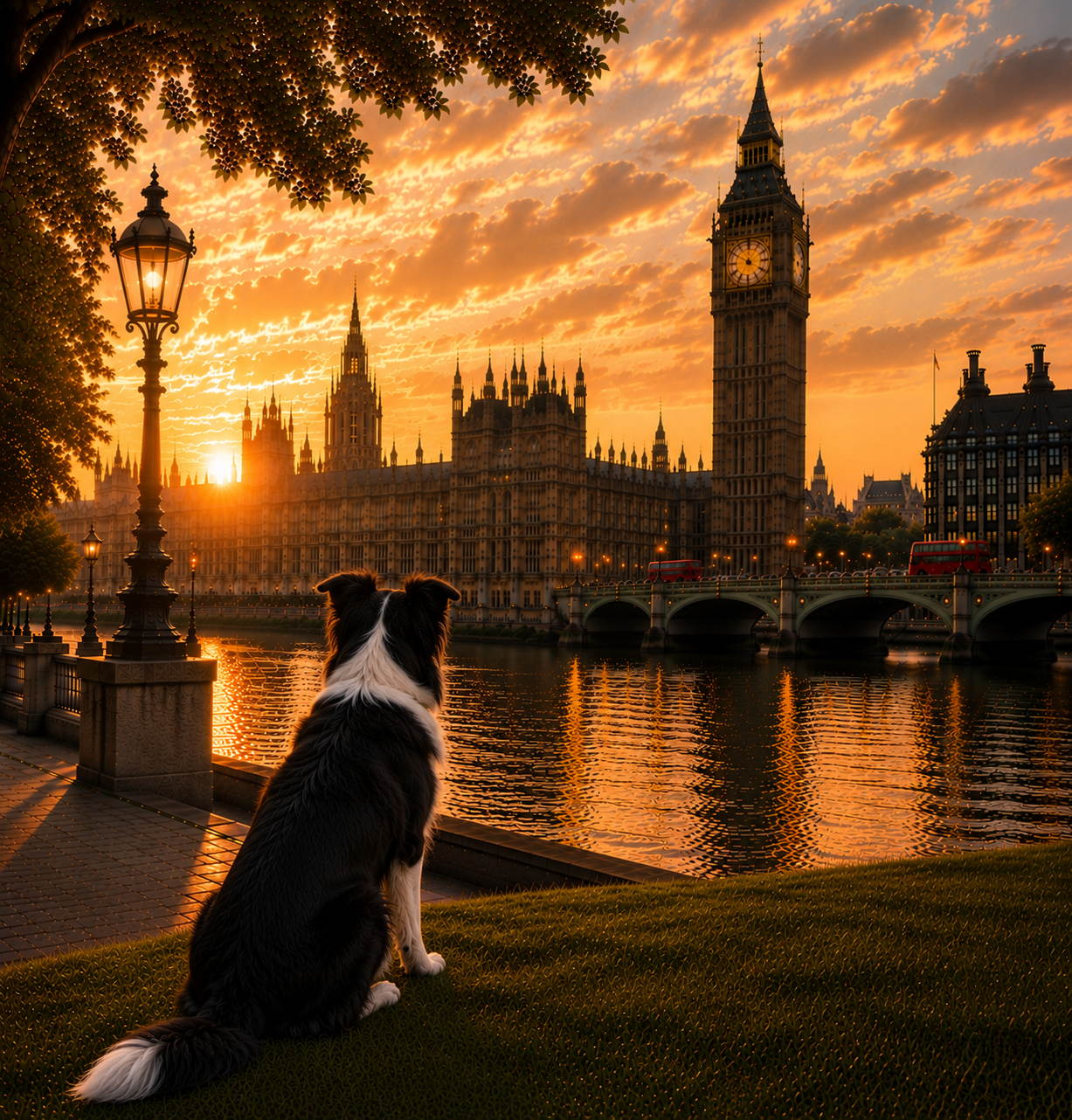 Border Collie Dog In London - Border Collie Dog  Print - London Travel print - Sunset in London Fine Art Poster - Border Collie Dog  by Big Ben