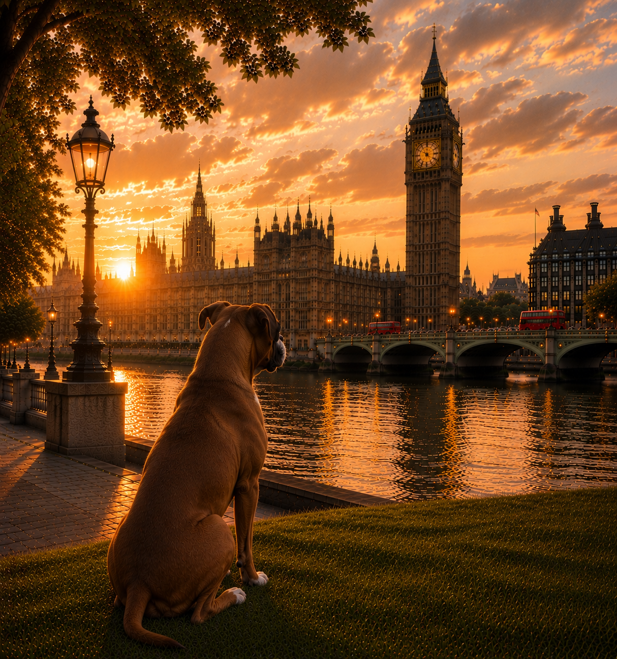 Boxer Dog In London - Boxer Dog Print - London Travel print - Sunset in London Fine Art Poster - Boxer Dog by Big Ben