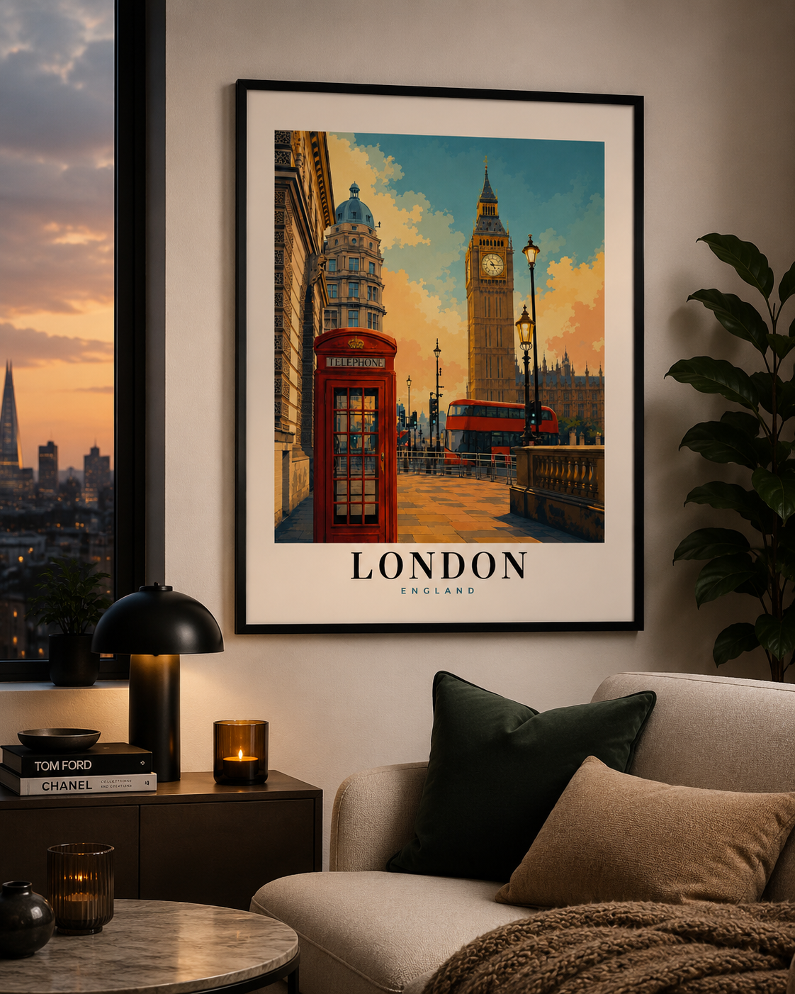 London Travel Poster - Big Ben & Red Bus Rolled Art Print