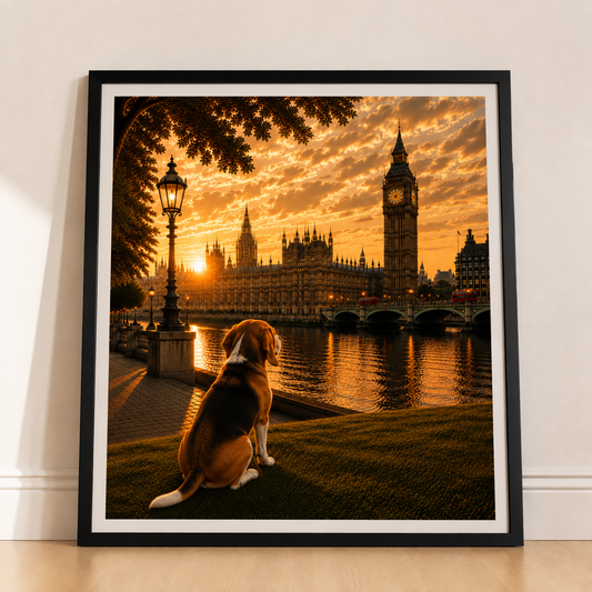 Beagle Dog In London - Beagle Dog  Print - London Travel print - Sunset in London Fine Art Poster - Beagle Dog  by Big Ben