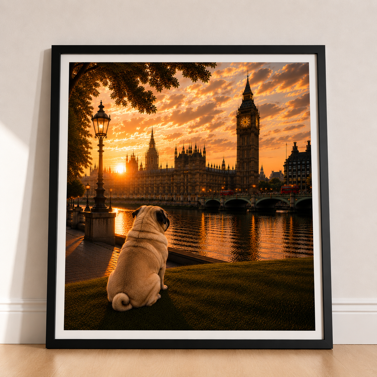 Pug In London - Pug Print - London Travel print - Sunset in London Fine Art Poster - Pug Dog by Big Ben