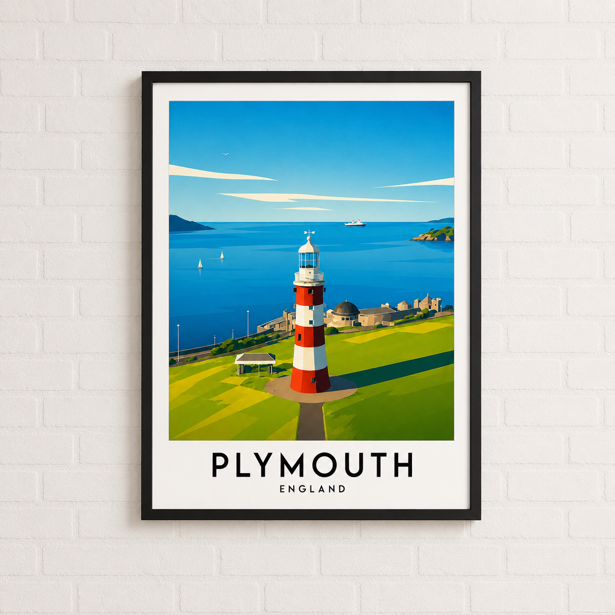 Plymouth Hoe Smeaton's Tower Lighthouse Travel Poster — Rolled Art Print