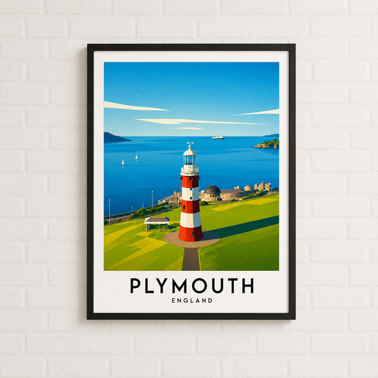 Plymouth Hoe Smeaton's Tower Lighthouse Travel Poster — Rolled Art Print