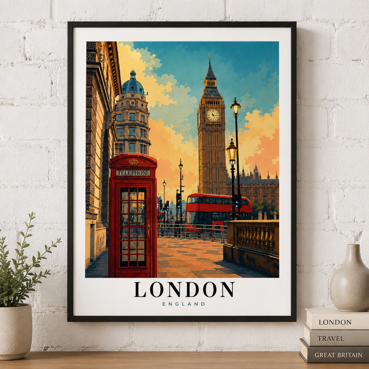 London Travel Poster - Big Ben & Red Bus Rolled Art Print