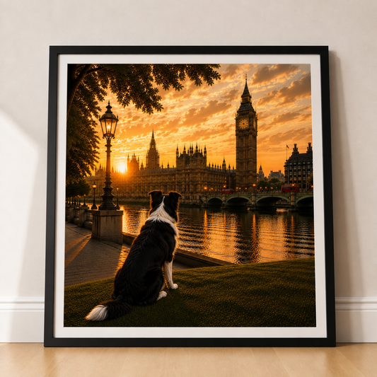 Border Collie Dog In London - Border Collie Dog  Print - London Travel print - Sunset in London Fine Art Poster - Border Collie Dog  by Big Ben