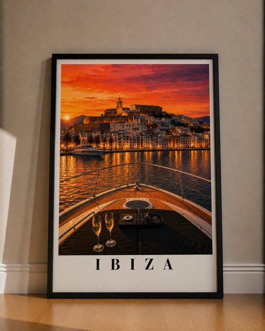 Ibiza Sunset Fine Art Poster — Harbor Boat Scene Travel Wall Art