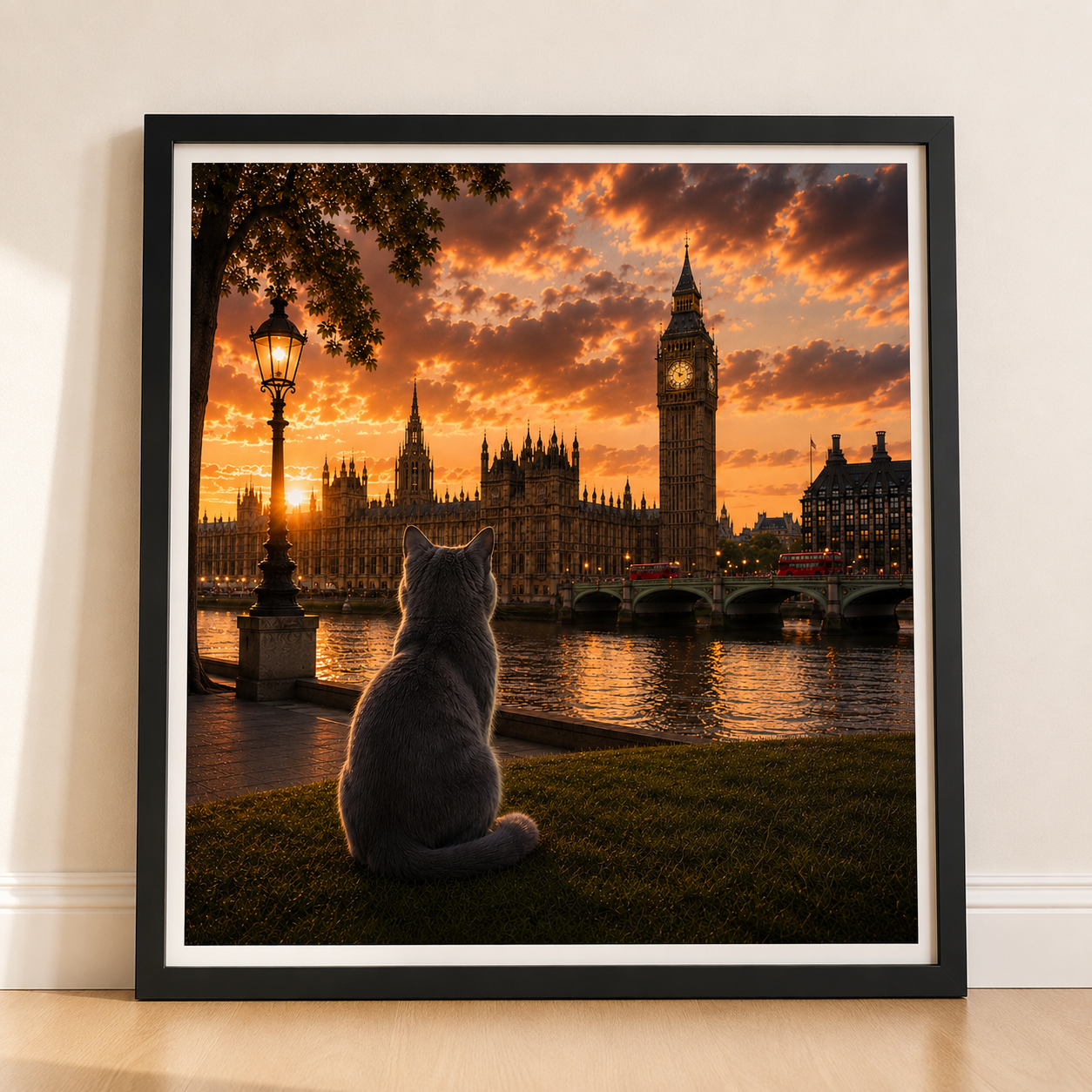 Cat in London - Travel Cat in London - London Sunset Art Poster — Cat Fine Art Print - London Travel Poster - Cat Gift