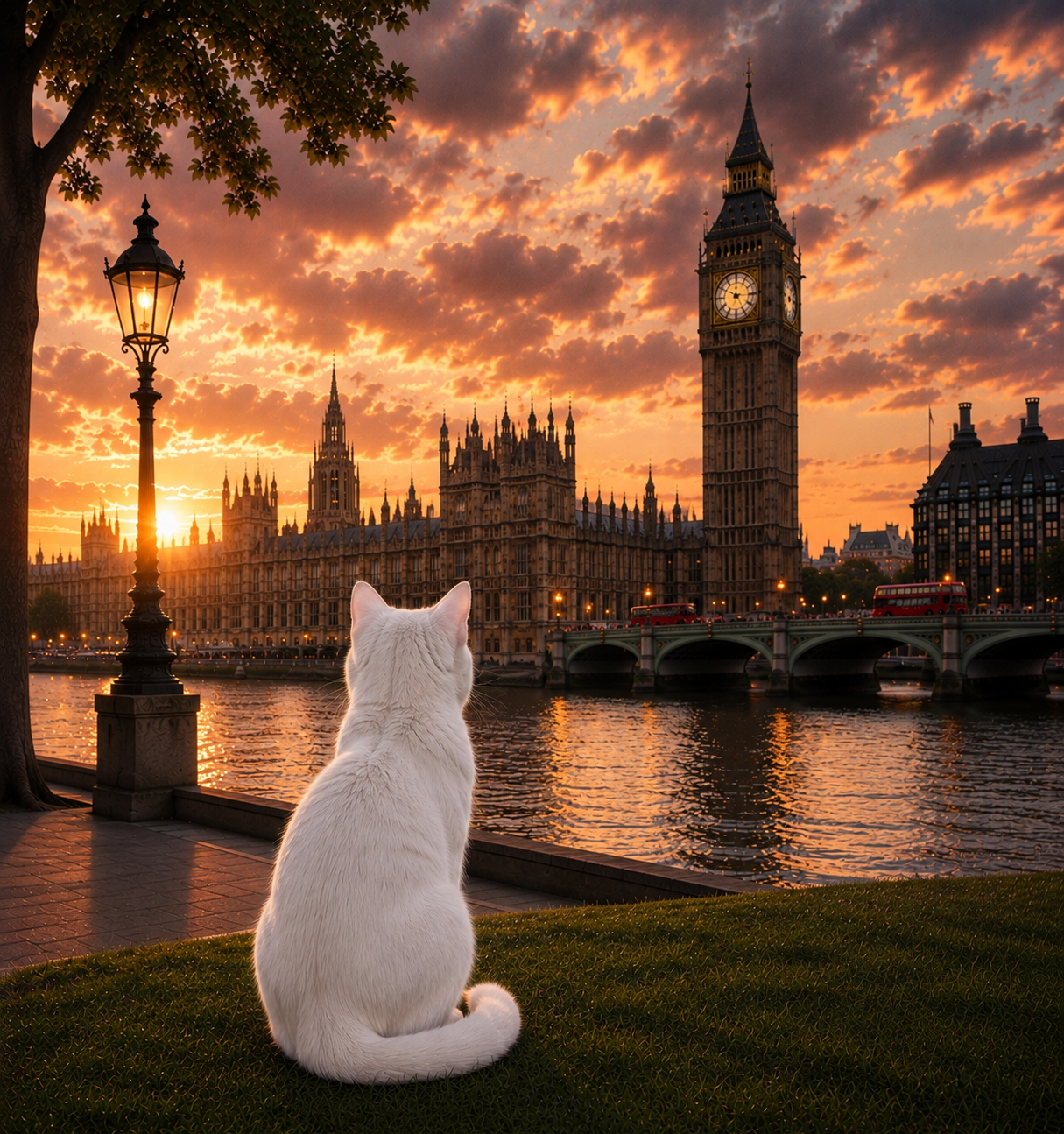 Cat in London - Travel Cat in London - London Sunset Art Poster — Cat Fine Art Print - London Travel Poster - Cat Gift