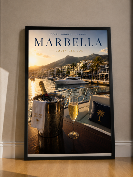 Marbella Costa del Sol Travel Poster — Luxury Yacht & Champagne Fine Art Print