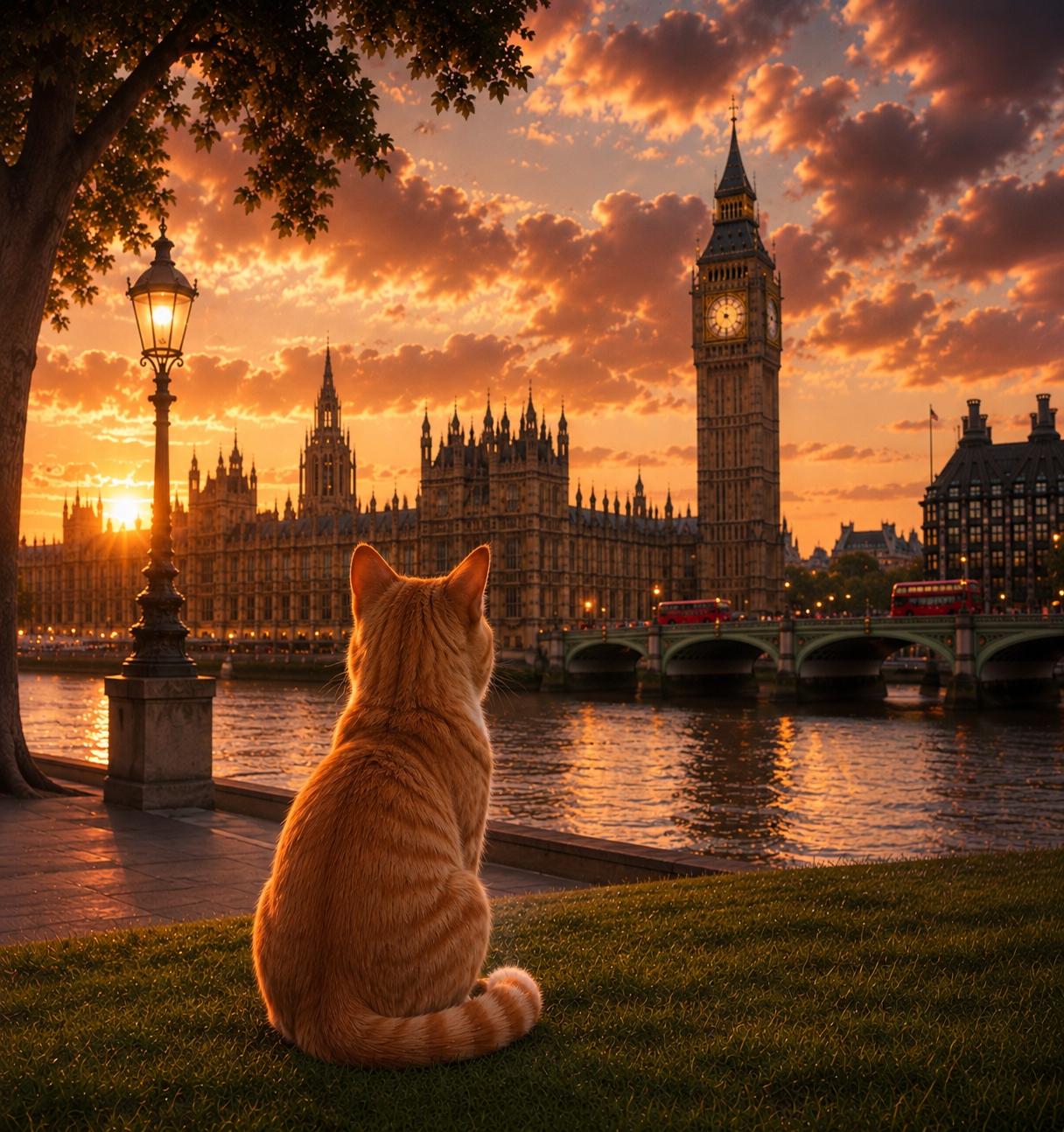 Cat in London - Travel Cat in London - London Sunset Art Poster — Cat Fine Art Print - London Travel Poster - Cat Gift