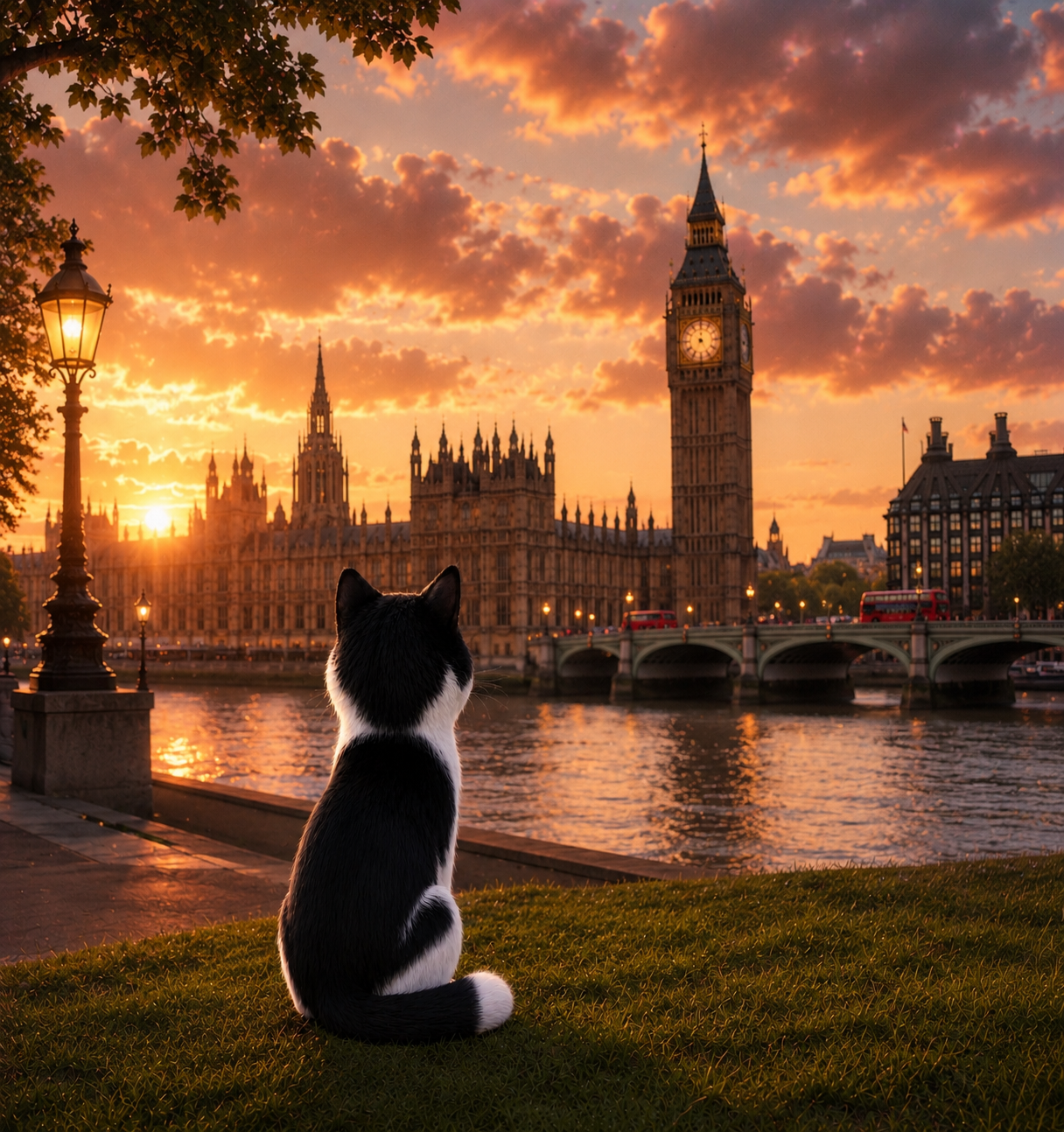 Cat in London - Travel Cat in London - London Sunset Art Poster — Cat Fine Art Print - London Travel Poster - Cat Gift