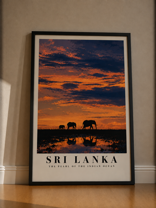 Sri Lanka Sunset Fine Art Poster — Elephants Silhouette Travel Print - Sri Lanka Travel Poster