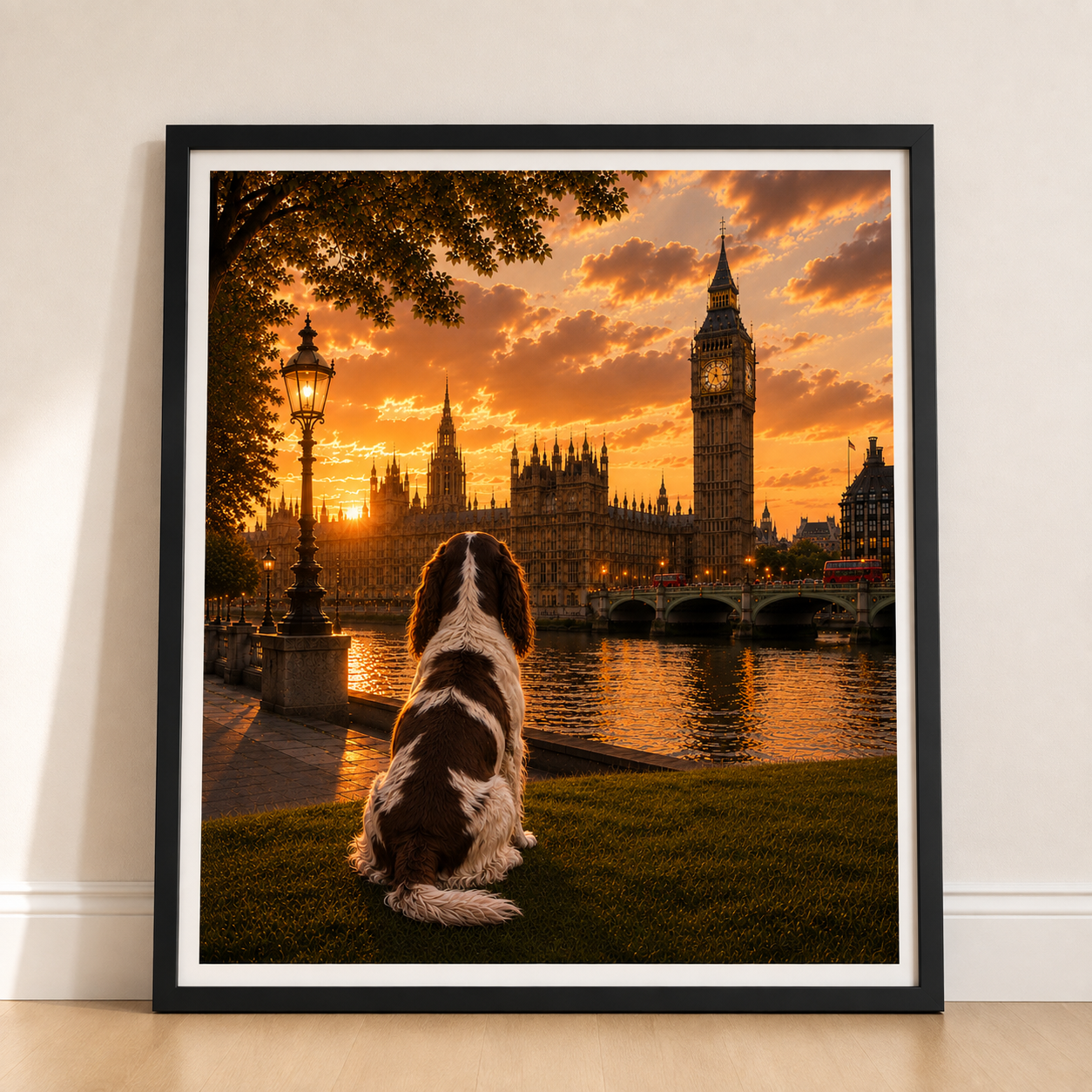 English Springer Spaniel In London -English Springer Spaniel Print - London Travel print - Sunset in London Fine Art Poster - English Springer Spaniel Dog by Big Ben