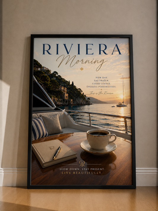 Riviera Morning Fine Art Poster — Coastal Sunrise Yacht Scene