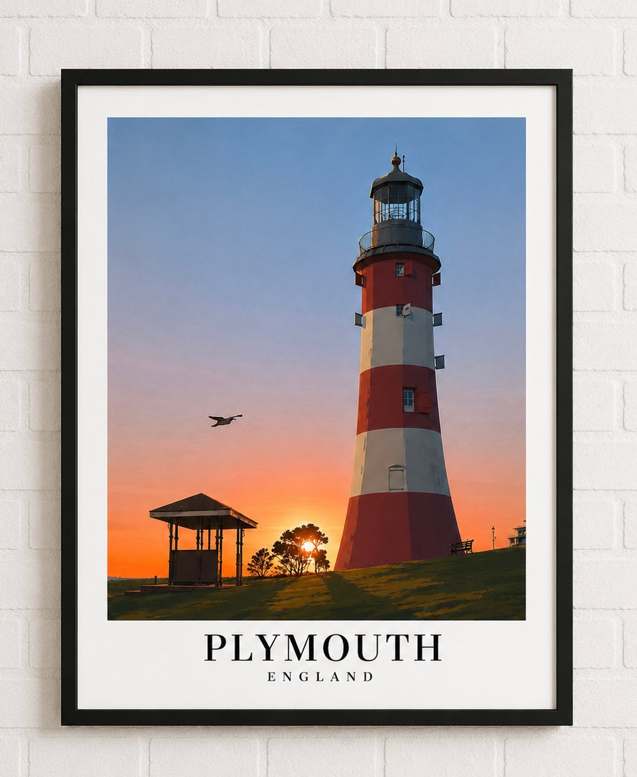 Plymouth Lighthouse Fine Art Poster — Coastal Travel Print - Plymouth Travel Poster