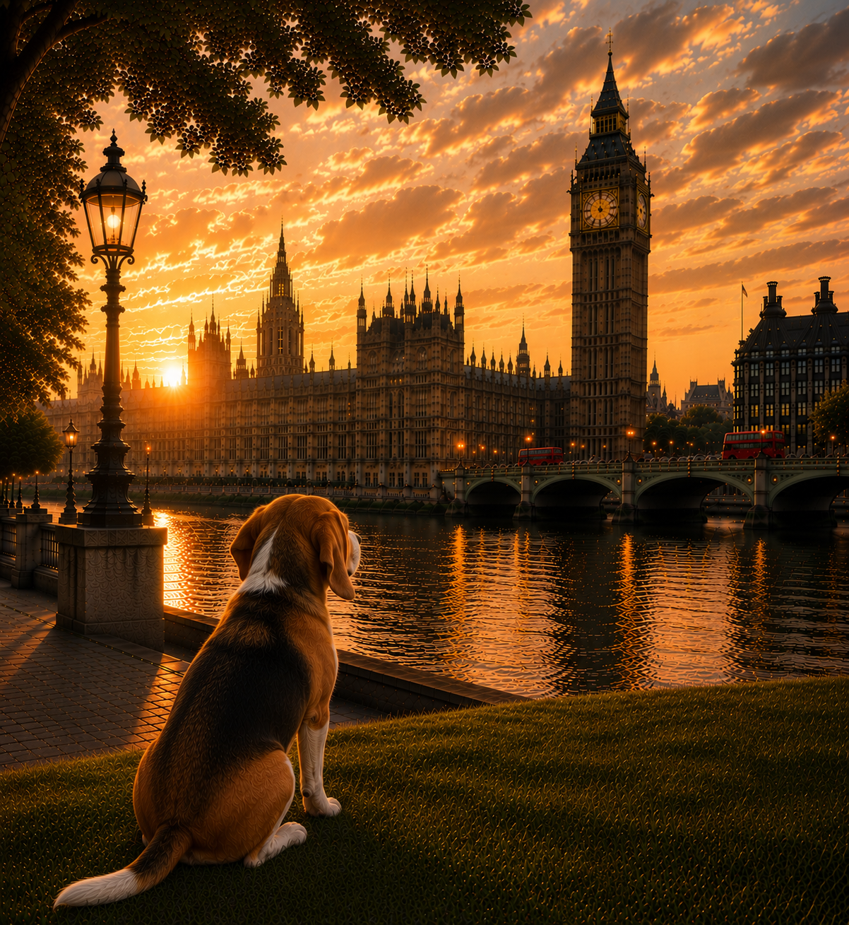 Beagle Dog In London - Beagle Dog  Print - London Travel print - Sunset in London Fine Art Poster - Beagle Dog  by Big Ben