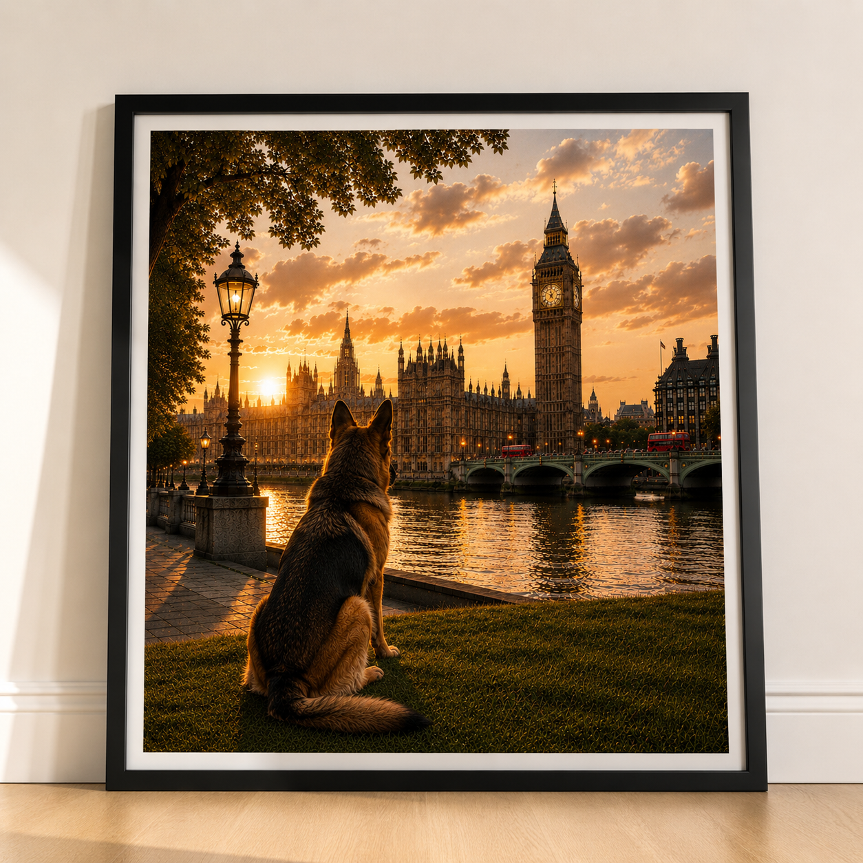 German Shepherd In London - German Shepherd Print - London Travel print - Sunset in London Fine Art Poster - German Shepherd by Big Ben