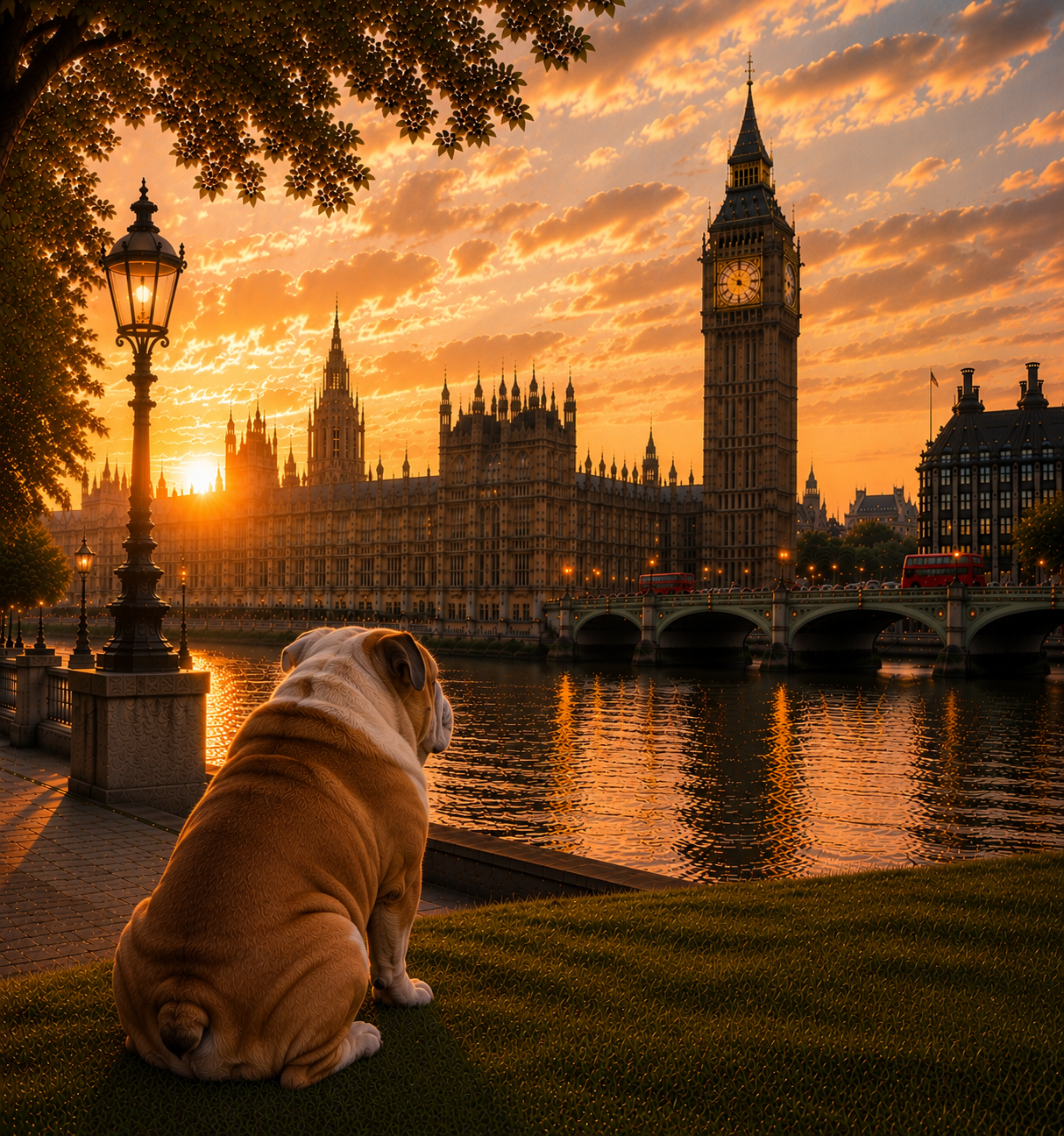 Bulldog In London - Bulldog Print - London Travel print - Sunset in London Fine Art Poster - Bulldog by Big Ben